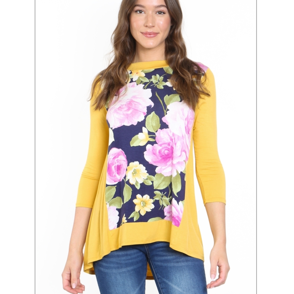Mustard Floral Print High Low Top